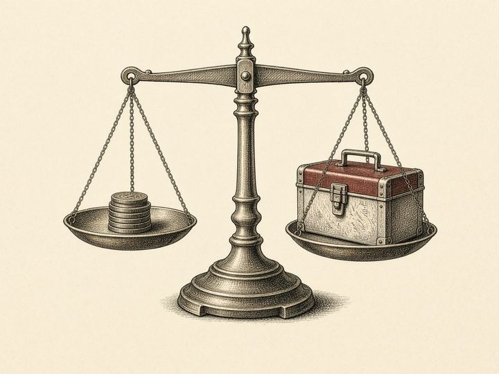 Catalog drawing: a level balance scale with coins on one pan and a toolbox on the other