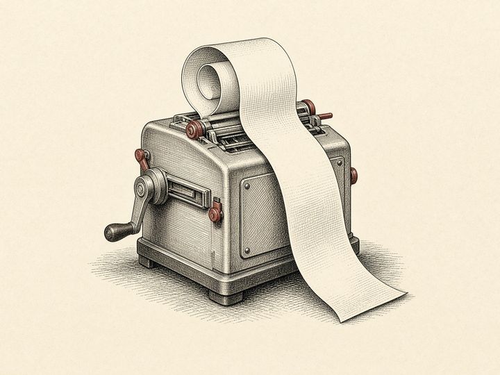 Catalog drawing: a hand-cranked receipt printer with a long paper strip