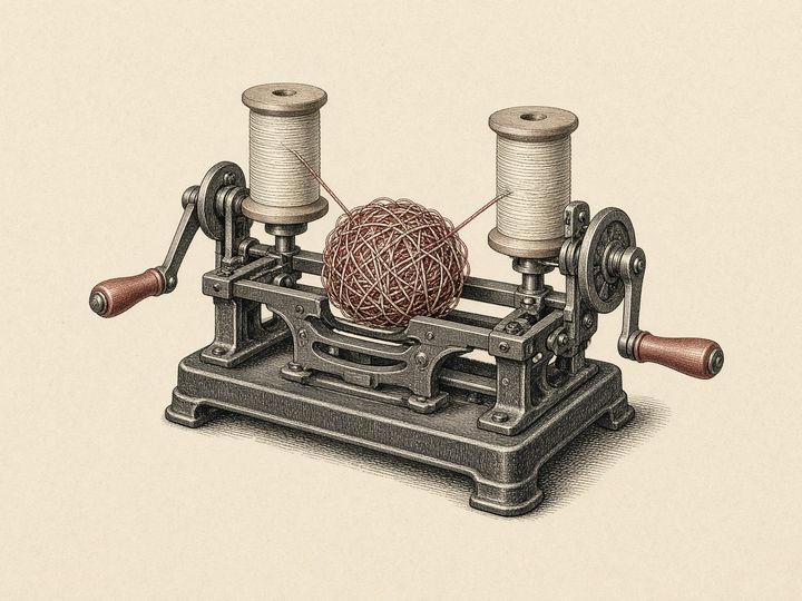 Catalog drawing: a two-crank machine pulling a tangled ball of string onto two neat spools