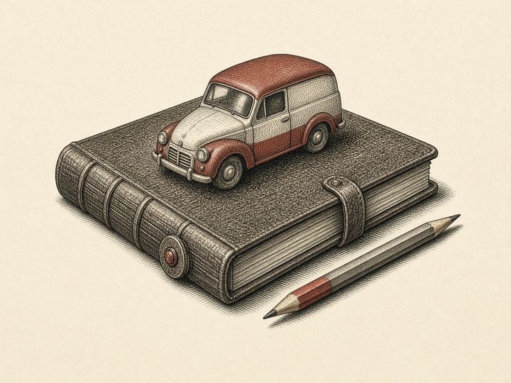 Catalog drawing: a leather logbook with a toy work van on top
