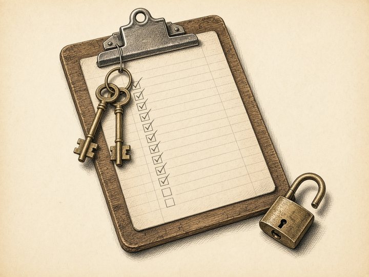Catalog drawing: a wooden clipboard with a ruled checklist, a ring of keys hanging from the clip and a small brass padlock beside it