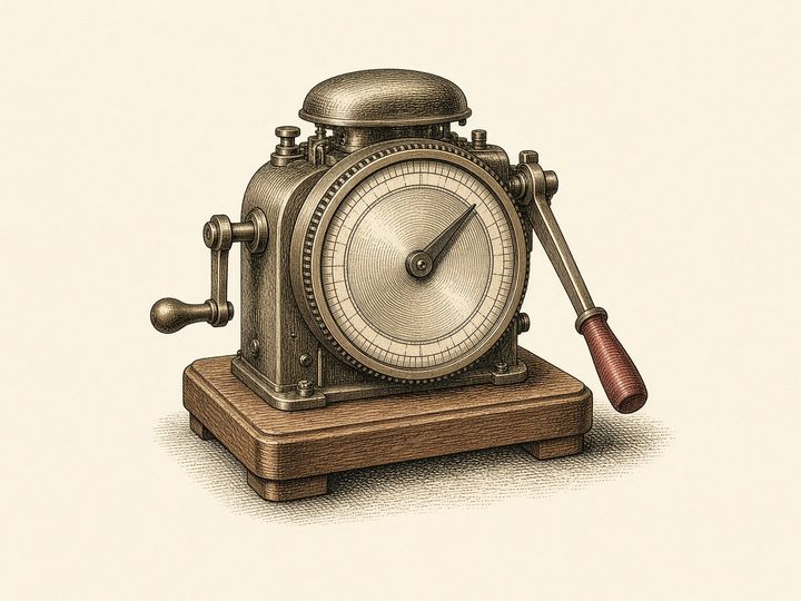 Catalog drawing: a brass hand-cranked calculating machine with one big gauge dial