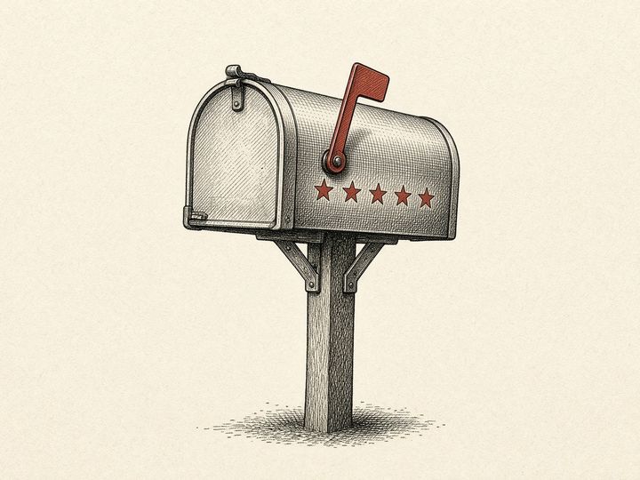 Catalog drawing: a curbside mailbox with five stars along its side