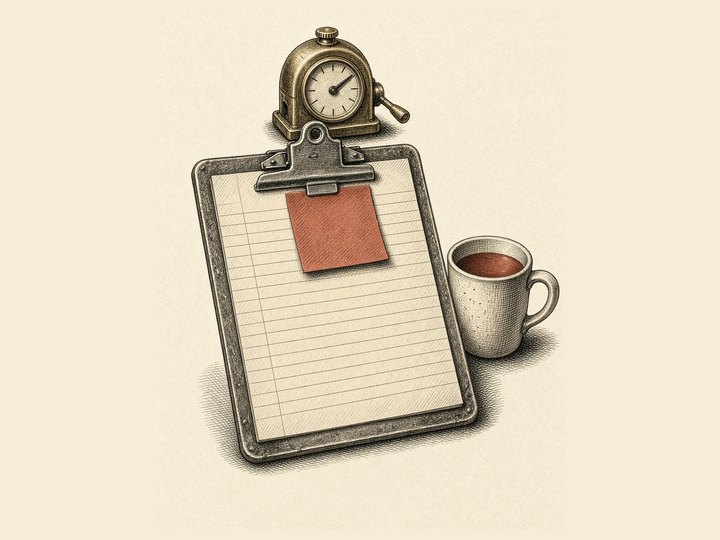 Catalog drawing: a metal clipboard with a punch clock on the clip, a red sticky note and a mug of coffee