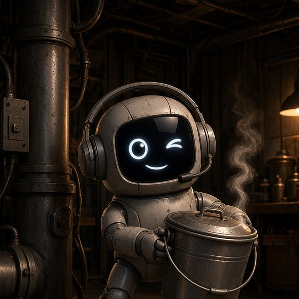 Midnight winking while holding a bucket with steam escaping from the lid