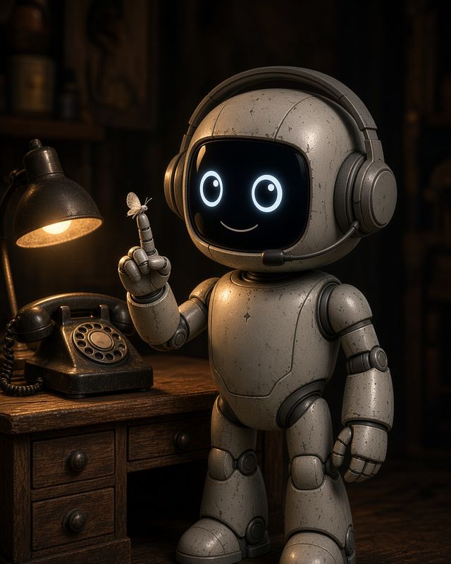 Midnight standing beside a desk at night next to an old phone, looking at a tiny moth on his finger